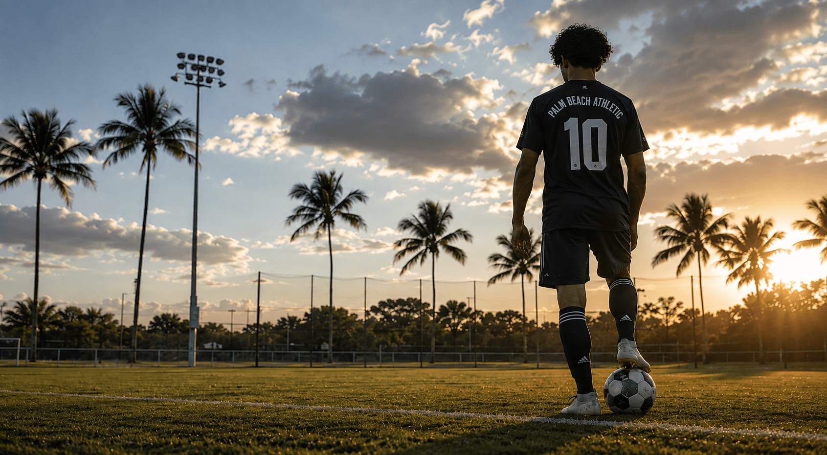 Palm trees and field lights framing a sunlit soccer field at sunset